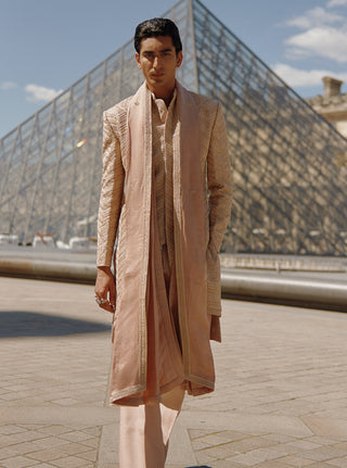 Apricot Brown Sherwani Set by Jigar And Nikita Men, available on Indiaspopup.com