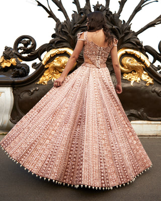 Caremal Brown Lehenga Set by Jigar And Nikita, available on Indiaspopup.com