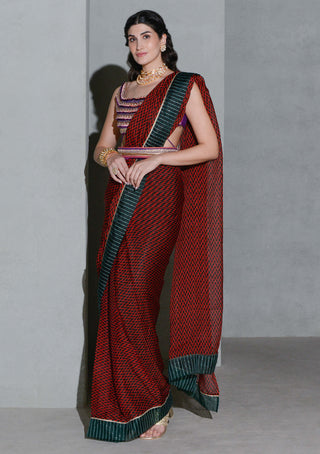 Rishi & Vibhuti-Red Geometric Print Sari Set-INDIASPOPUP.COM