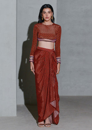 Rishi & Vibhuti-Red Printed Blouse And Asymmetric Skirt-INDIASPOPUP.COM