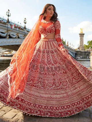 Carnelian Red Lehenga Set by Jigar And Nikita, available on Indiaspopup.com