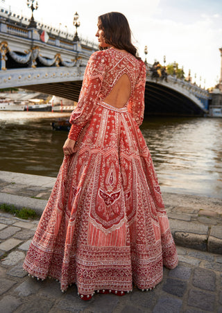 Red Puff Sleeve Blouse And Lehenga Set by Jigar And Nikita, available on Indiaspopup.com