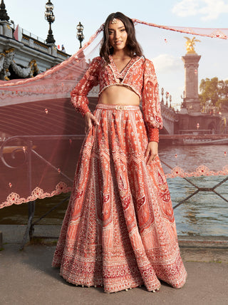 Red Puff Sleeve Blouse And Lehenga Set by Jigar And Nikita, available on Indiaspopup.com