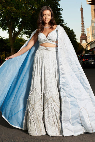 Ice Blue Lehenga Set by Jigar And Nikita, available on Indiaspopup.com