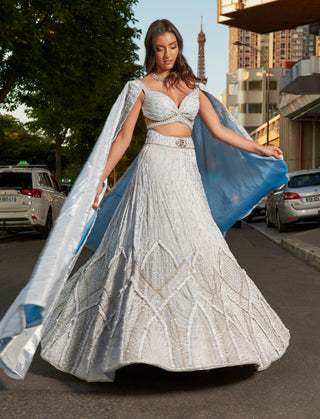 Ice Blue Lehenga Set by Jigar And Nikita, available on Indiaspopup.com