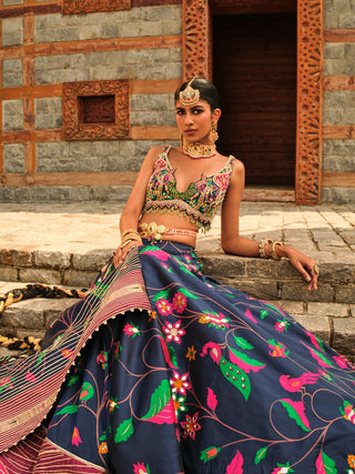 Dark Teal Blue Paithani Silk Lehenga Set by Aditi Gupta available on Indiaspopup.com