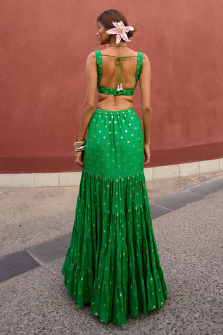 Aisha Green Tiered Lehenga Set by Chamee And Palak, available on Indiaspopup.com