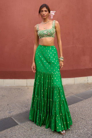 Aisha Green Tiered Lehenga Set by Chamee And Palak, available on Indiaspopup.com