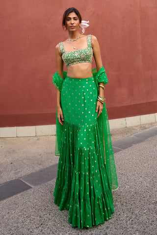 Aisha Green Tiered Lehenga Set by Chamee And Palak, available on Indiaspopup.com