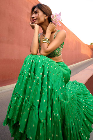 Aisha Green Tiered Lehenga Set by Chamee And Palak, available on Indiaspopup.com