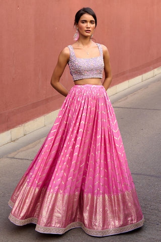 Rumi Pink And Lavender Lehenga Set by Chamee And Palak, available on Indiaspopup.com