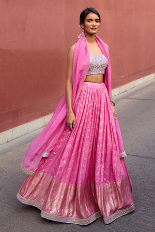 Rumi Pink And Lavender Lehenga Set by Chamee And Palak, available on Indiaspopup.com