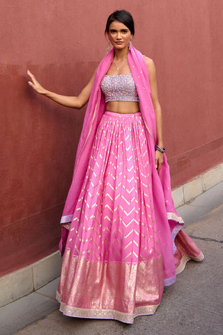 Rumi Pink And Lavender Lehenga Set by Chamee And Palak, available on Indiaspopup.com