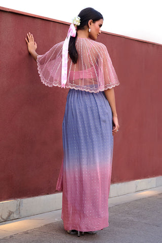 Dia Gray And Mauve Drape Skirt With Cape Set by Chamee And Palak, available on Indiaspopup.com