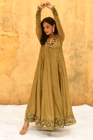 Niti Bothra-Olive Green Orchid Overlap Angrakha Set-INDIASPOPUP.COM