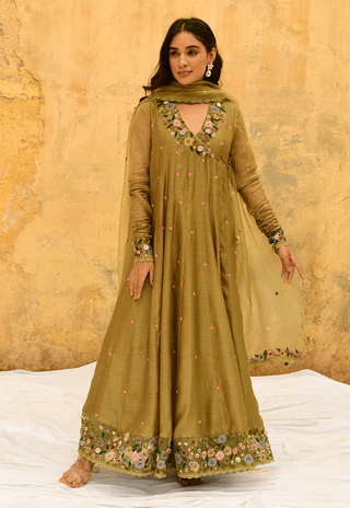 Niti Bothra-Olive Green Orchid Overlap Angrakha Set-INDIASPOPUP.COM