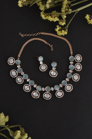 Swabhimann Jewellery-Blue Rose Gold Tone Polki Necklace And Earring Set-INDIASPOPUP.COM