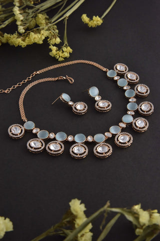 Swabhimann Jewellery-Blue Rose Gold Tone Polki Necklace And Earring Set-INDIASPOPUP.COM