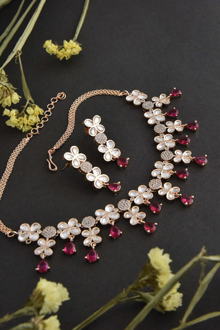 Swabhimann Jewellery-Ruby Rose Polki Necklace And Earring Set-INDIASPOPUP.COM