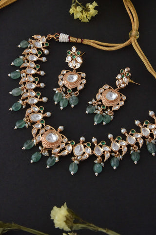 Swabhimann Jewellery-Green Gold Tone Polki Necklace And Earring Set-INDIASPOPUP.COM