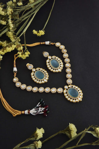 Swabhimann Jewellery-Mint Gold Tone Polki Necklace And Earring Set-INDIASPOPUP.COM