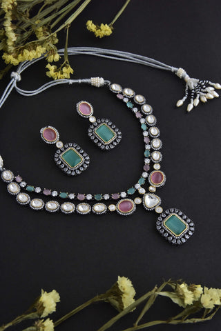 Swabhimann Jewellery-Pink And Mint Silve Necklace And Earring Set-INDIASPOPUP.COM