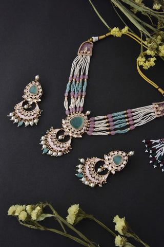 Swabhimann Jewellery-Pink And Mint Polki Necklace And Earring Set-INDIASPOPUP.COM