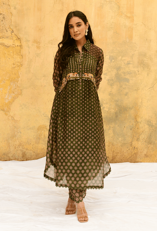 Niti Bothra-Green Dotted Cascade Kurta And Pants-INDIASPOPUP.COM