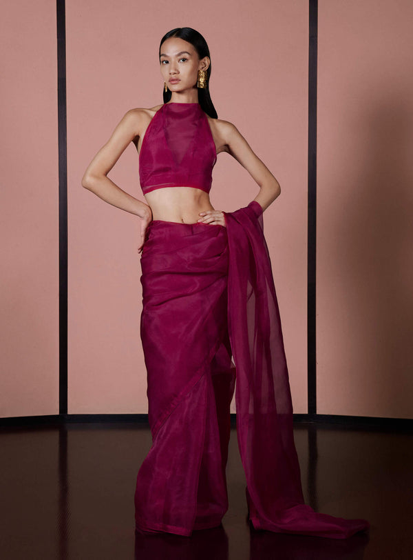 Ekaya-Sangria Red Organza Sari And Unstitched Blouse-INDIASPOPUP.COM