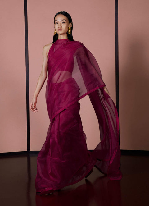 Ekaya-Sangria Red Organza Sari And Unstitched Blouse-INDIASPOPUP.COM