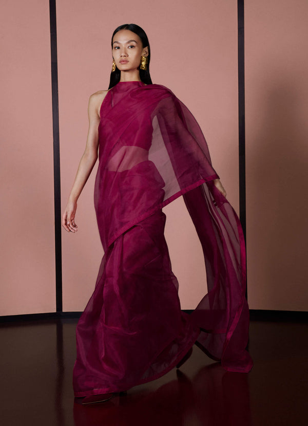 Ekaya-Sangria Red Organza Sari And Unstitched Blouse-INDIASPOPUP.COM