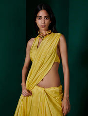 Ekaya-Lemon Yellow Silk Sari And Unstitched Blouse-INDIASPOPUP.COM