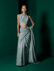 Ekaya-Ice Blue Silk Sari And Unstitched Blouse-INDIASPOPUP.COM