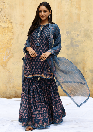 Niti Bothra-Blue Dotted Cascade Sharara Set-INDIASPOPUP.COM