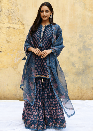 Niti Bothra-Blue Dotted Cascade Sharara Set-INDIASPOPUP.COM