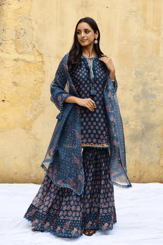 Niti Bothra-Blue Dotted Cascade Sharara Set-INDIASPOPUP.COM