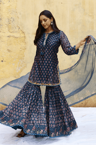 Niti Bothra-Blue Dotted Cascade Sharara Set-INDIASPOPUP.COM