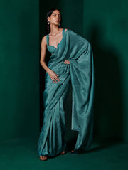 Ekaya-Teal Blue Silk Sari And Unstitched Blouse-INDIASPOPUP.COM