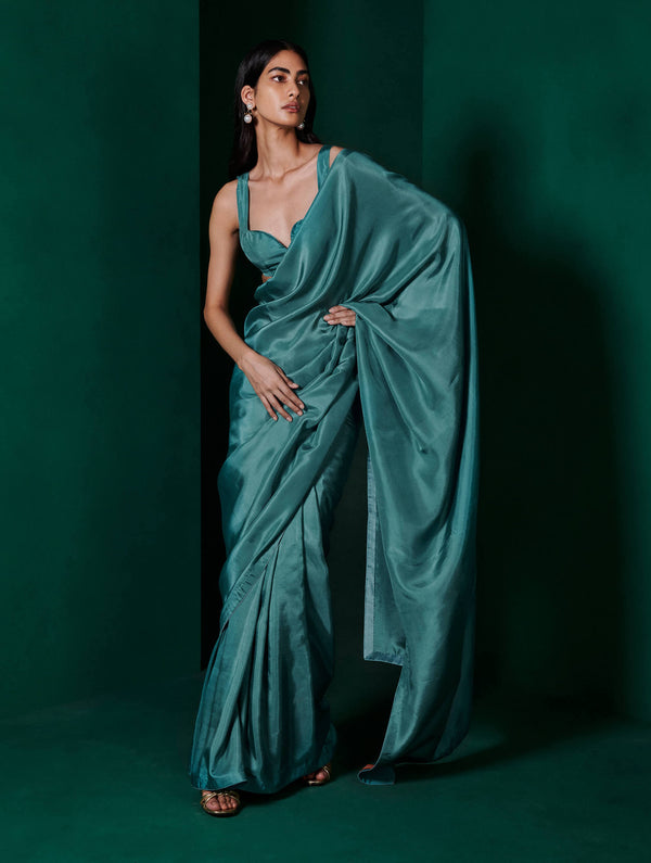 Ekaya-Teal Blue Silk Sari And Unstitched Blouse-INDIASPOPUP.COM