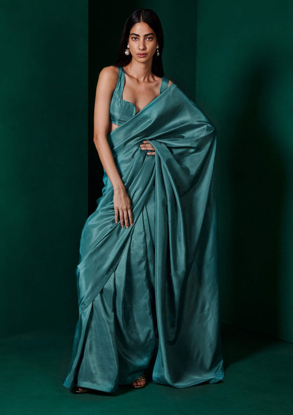 Ekaya-Teal Blue Silk Sari And Unstitched Blouse-INDIASPOPUP.COM
