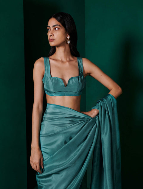 Ekaya-Teal Blue Silk Sari And Unstitched Blouse-INDIASPOPUP.COM