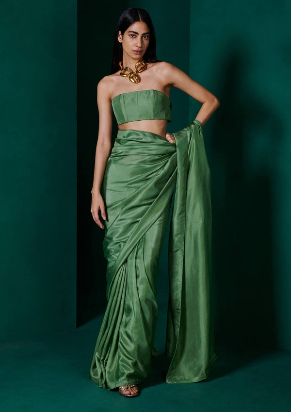 Ekaya-Forest Green Silk Sari And Unstitched Blouse-INDIASPOPUP.COM
