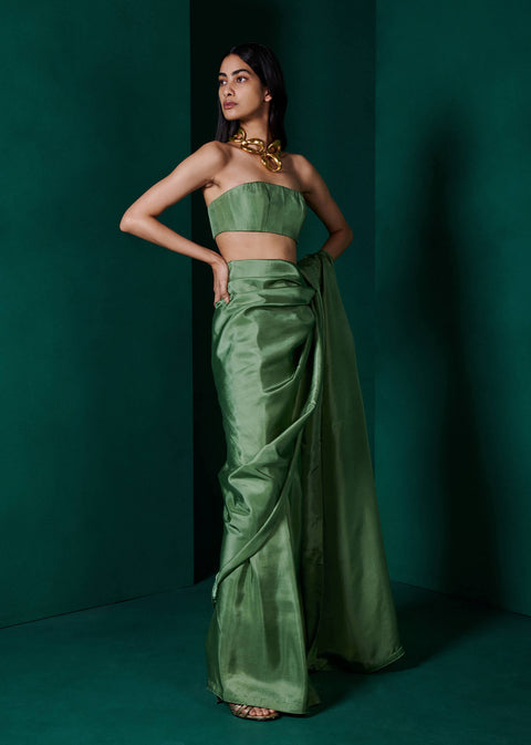 Ekaya-Forest Green Silk Sari And Unstitched Blouse-INDIASPOPUP.COM