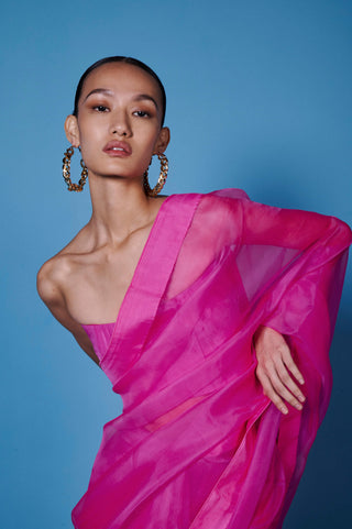Ekaya-Fuschia Pink Organza Sari And Unstitched Blouse-INDIASPOPUP.COM