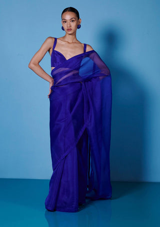 Ekaya-Midnight Blue Organza Sari And Unstitched Blouse-INDIASPOPUP.COM