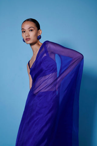 Ekaya-Midnight Blue Organza Sari And Unstitched Blouse-INDIASPOPUP.COM