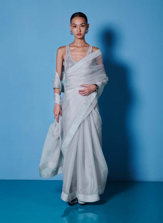 Ekaya-Dove Gray Organza Sari And Unstitched Blouse-INDIASPOPUP.COM