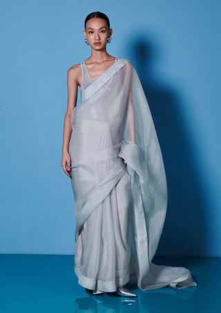 Ekaya-Dove Gray Organza Sari And Unstitched Blouse-INDIASPOPUP.COM