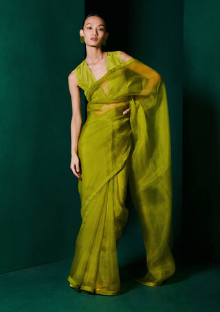 Ekaya-Moss Green Orgnaza Sari And Unstitched Blouse-INDIASPOPUP.COM