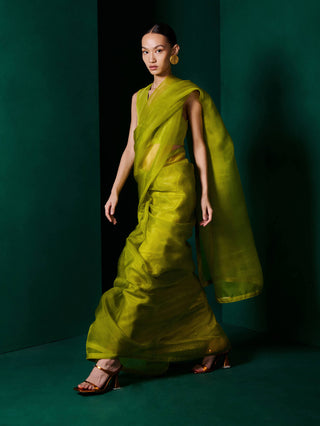 Ekaya-Moss Green Orgnaza Sari And Unstitched Blouse-INDIASPOPUP.COM